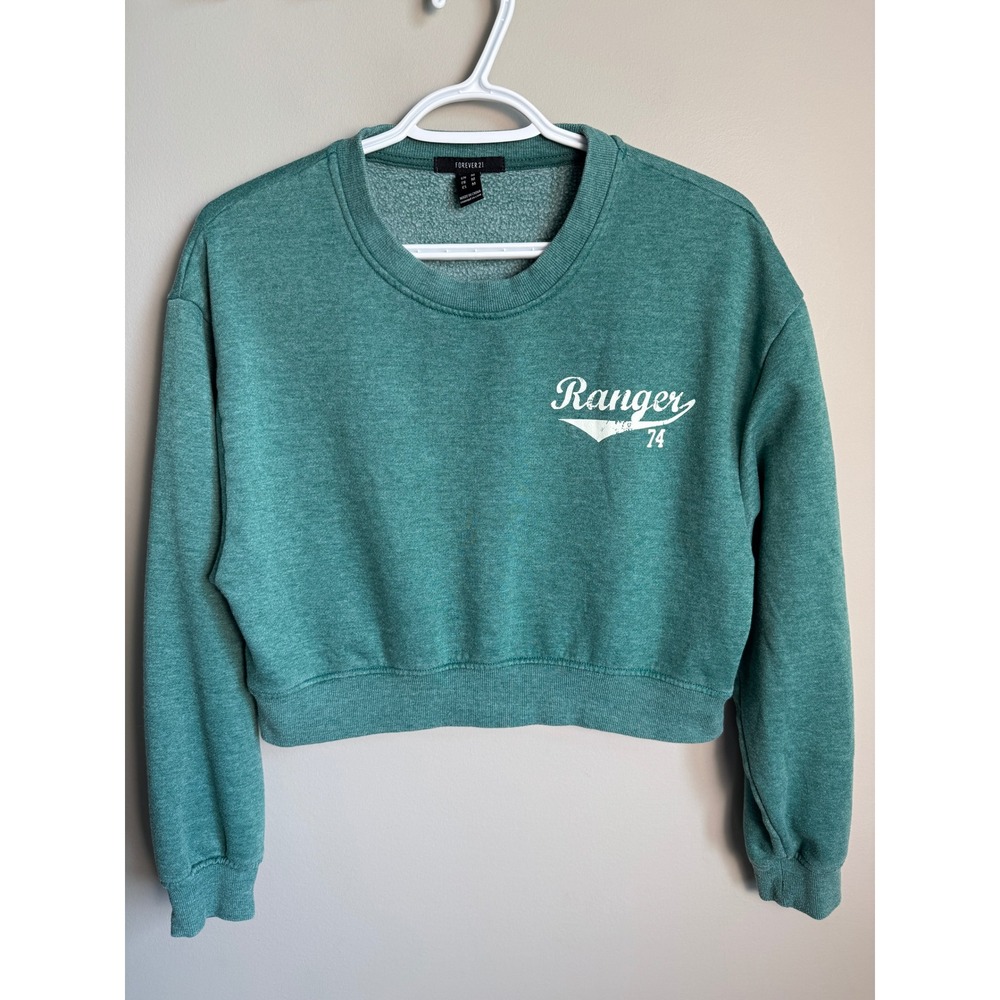 Forever 21 Womens Green Graphic Cropped Sweatshirt M Varsity Streetwear Basic